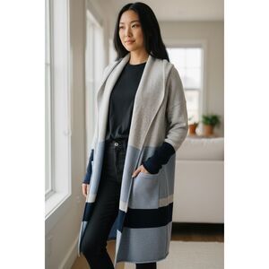 Kinross Cashmere 100% Cashmere Long Open Cardigan Colorblock Gray Blue M